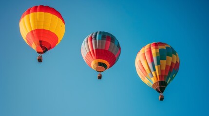 Obraz premium Three vibrant hot air balloons floating against a clear blue sky