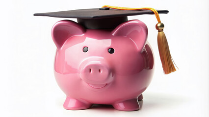 Colorful pink piggy bank wearing a graduation cap and mortarboard, symbolizing smart investment in education and saving for a bright future ahead.