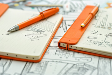 Notebook and pens with doodles