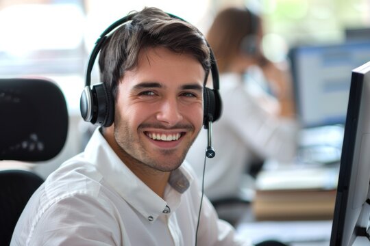Friendly call center agent providing customer support - Powered by Adobe