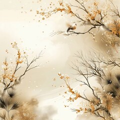  illustration with frozen glass. Composition with the last bright leaf on the tree and falling leaf in the backdrop and snowfall. Winter theme.