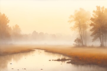Autumn landscape with trees near the river in the fog, sepia