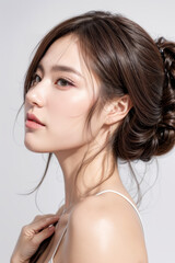 Side Profile of Beautiful Asian Model - Female with Perfect and Fine Features - Perfect and Glowing Skin - Looking up in Studio Environment - Styled and Smooth Hair - Fashion or Cosmetics Model