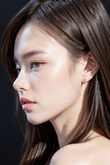 Obraz premium Side Profile of Beautiful Asian Model - Female with Perfect and Fine Features - Perfect and Glowing Skin - Looking up in Studio Environment - Styled and Smooth Hair - Fashion or Cosmetics Model