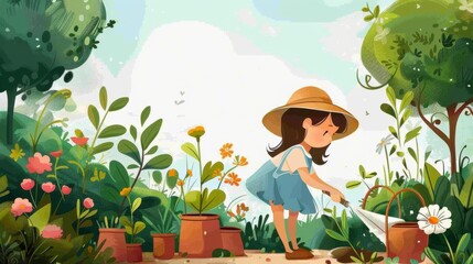 Cartoon of little girl gardening, AI generated Image