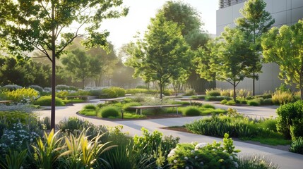 Serene Park Landscape with Lush Greenery and Benches