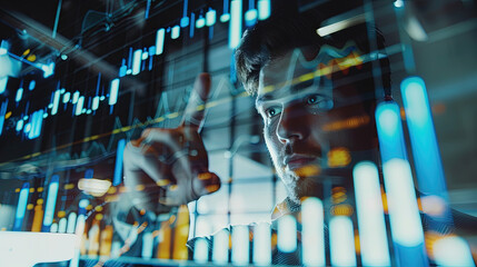 A man looks serious analyzing crypto business and trading, stocks with advanced technology