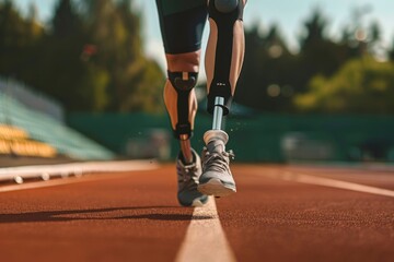 Disabled athlete with a Close up prosthetic leg run sport