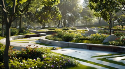 Obraz premium Tranquil Garden Path: Lush Greenery and Blooming Flowers