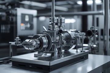 Fototapeta premium Closeup of Precision Engineering Equipment in Modern Industrial Facility, showcasing intricate machinery and advanced technology, mechanical concept