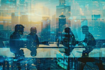 Conference room discussion with city skyline overlay, business professionals collaborating, teamwork