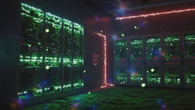 The video shows a server room with rows of glowing green panels on the walls, some red lights on the ceiling, and a floor covered in a green-tinged haze.