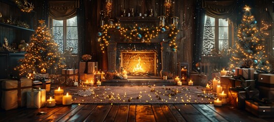 Obraz premium Interior Christmas Magic Glowing Tree Fireplace Gifts in Dark