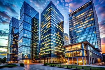 Modern Office Buildings at Dusk.