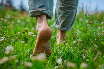 Close up of feet walking barefoot on green grass in a park.