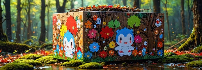 Naklejka premium Colorful Wooden Box with Floral Design in a Forest Setting.