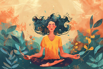 A person meditating in a serene, lush forest, exuding tranquility and harmony with nature.