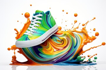 A banner design to showcase shoe designs. colorful splash isolated white background. Generated Ai