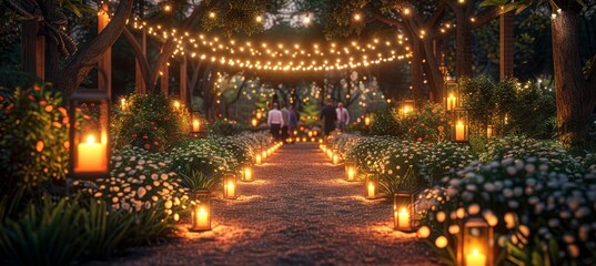 Evening Garden July 4th Party Ambiance with String Lights Four People Gathered Warm Tones Cozy Outdoor Setting Illuminated Path Copy Space