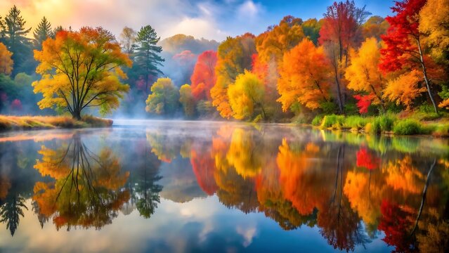 Autumn Reflection in a Misty Lake.