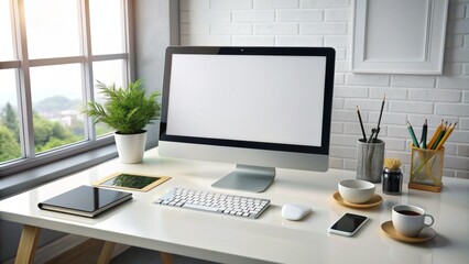 A minimalist desk with a sleek computer, tablets, and design tools scattered around a blank icon template on screen.