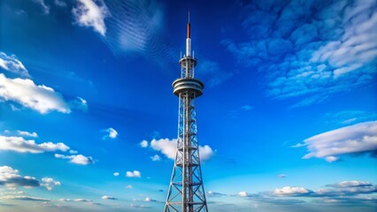 Obraz premium A solitary tall broadcasting tower stands against a serene blue sky, its sleek metal structure piercing the atmosphere quietly.