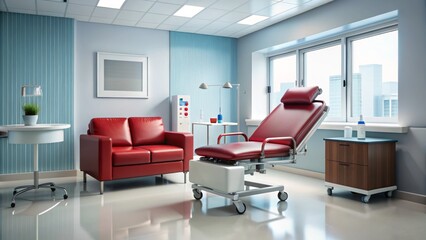 Empty hospital room with medical couch, blood donation equipment, and a vacant chair, conveying a sense of humanitarian aid.