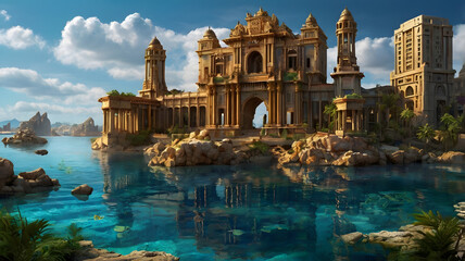 lost city, old city, adventure, gold city, stone, big, sea, blue sky ai generated