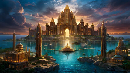 Fototapeta premium lost city, old city, adventure, gold city, stone, big, sea, blue sky ai generated