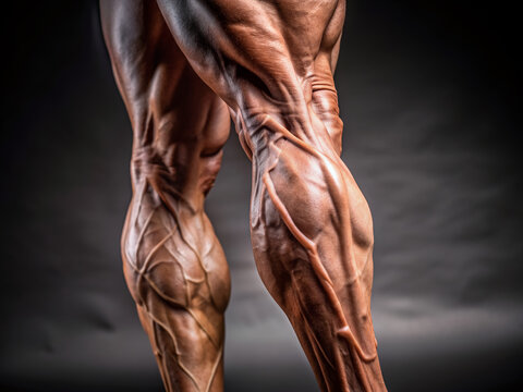 Close-up of a tense, twisted, and swollen leg muscle, showing the agony of severe cramping, with veins bulging and skin stretched to the limit.