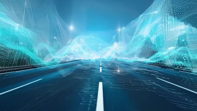 A virtual highway with data clouds speeding along showcasing the efficiency and speed of data transfer enabled by cloud computing.