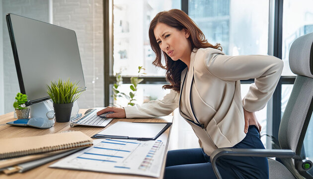 Image of a person sitting at a desk and having back pain.