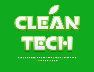 Vector eco concept Clean Tech. Unique White and Green Font. Bright Trendy Alphabet Letters and Numbers set.