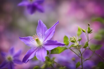 Fototapeta premium Sugarbowl clematis flower bokeh background, AI Generated