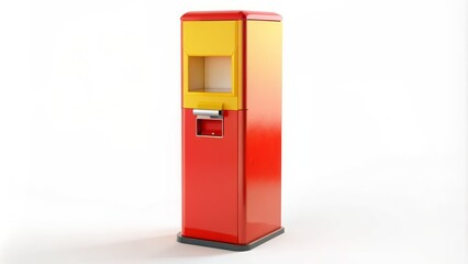 A brightly colored, freestanding automatic dispenser stands against a plain white background, its Coin Return flashing red.
