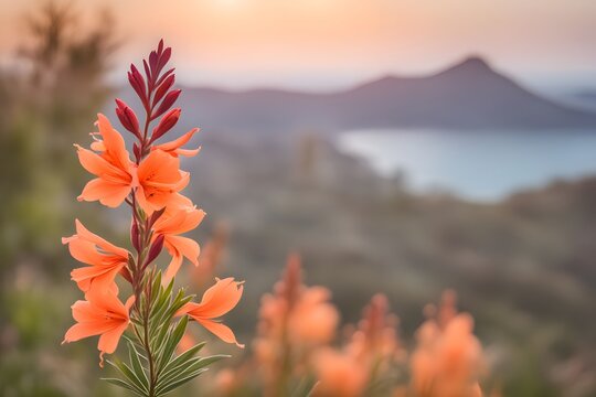  Table mountain watsonia flower bokeh background, AI Generated