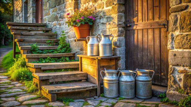 Early morning rural scene with old fashioned metal milk cans and wooden crates on a worn stone step.