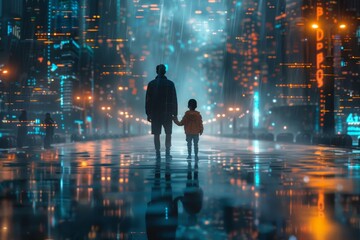 Night scene of a parent and child walking through a neon lit futuristic cityscape symbolizing connection urban life and technological advancement