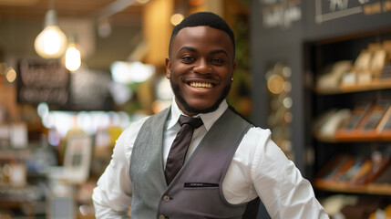 Fototapeta premium Smiling african american male seller in health food store