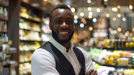 Fototapeta premium Smiling african american male seller in health food store