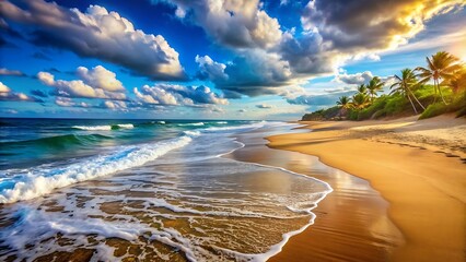 Tropical Beach at Sunset with Palm Trees and Waves.