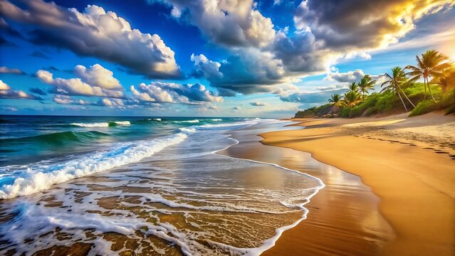 Tropical Beach at Sunset with Palm Trees and Waves.