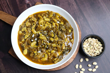 Aluche fatfate or alu wal chi patal bhaji is a traditional, authentic Maharashtrian dish. colocasia leaves and lima beans curry. It has a sweet and sour taste. Valachi aamti. Fadfade. Monsoon recipes.