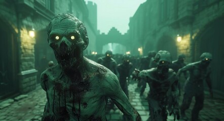 Fototapeta premium Dark bloody zombie stretches out his hands. Scary character attack.