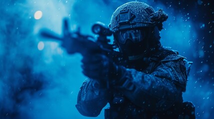 Black silhouettes of pair of soldiers in the smoke fire burning moving in battle operation. Back light