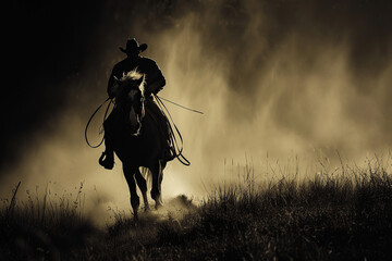 Silhouette of a ranger riding a horse with dust behind him. Generated by artificial intelligence