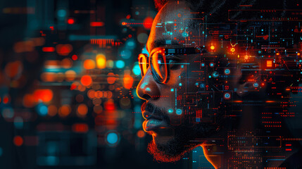 Black African American IT Specialist Analyzing AI Cyber Security Threats, Futuristic Technology Collage at Night with Digital Interface