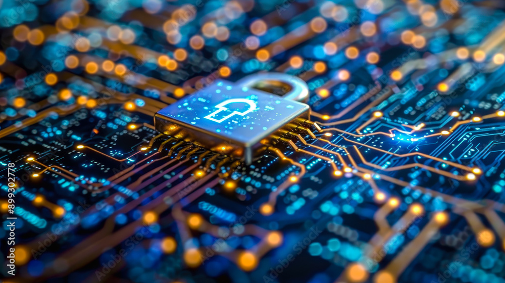Poster secure data lock on circuit board conceptualizing cybersecurity protocols and data protection