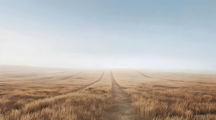 Fototapeta premium A serene and tranquil scene of a rural road meandering through vast golden wheat fields at dawn, creating an idyllic and peaceful countryside landscape under a clear morning sky