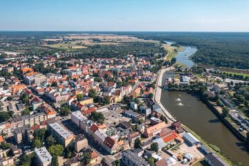 Summer skyline cityscape of Nowa Sól, a city on the Oder River in Lubusz region, Poland. Wide...